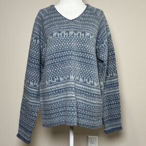 VTG Eastern Mountain Sports Womens L V-Neck 100% Wool Sweater Blue Long Sleeve